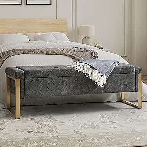 EcoHarbor Modern Footrest Stool, End of Bed Bench with Gold Metal Legs, Upholstered Storage Ottoman Bedroom Bench for Living, Dining Room, Hallway and Entryway(Charcoal 55inch)