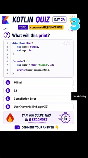 Kotlin Quiz #24 | What is component2()? 🤯 #backtocoding