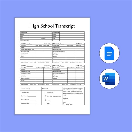 Editable Homeschool Transcript Template: Fillable High School Transcript (word, Google Docs, PDF) 2026 - Etsy
