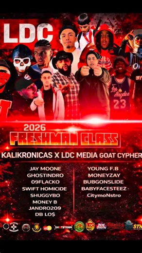 LDC on Instagram: "🚨The next era is loading. Cypher coming soon. 🎬🔥 KALIKRONICAS × LDC MEDIA 🐐 GOAT CYPHER — 2026 FRESHMAN CLASS🌎🏆 FOLLOW THE ARTISTS: @jandro_209, @jay_moone_music, @youngf.b209, @theemoneyb, @ghostindro, @landzbaby_shuggybo64, @swifthomicide, @diamond.boy.209, @09flackoo, @ball4p_, @bubgonsllide, @moneyzay8314, @babyfacesteez_ez PRODCUCTION TEAM: @kalikronicas @shotbyrnm @ldcmediaofficial #rap #cypher #country #explore #fy"