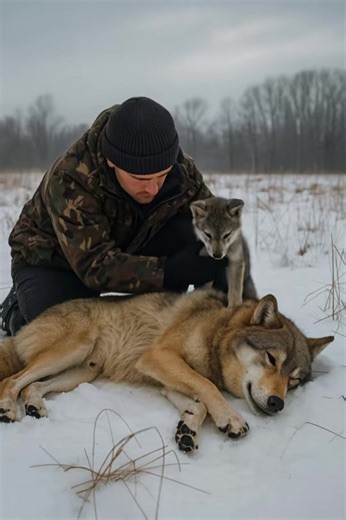 In the middle of a brutal winter, when snow buried the land and the forest felt closer than ever, one man made a decision he believed was right. On his way to fix a frozen water line, he found an injured she-wolf lying in the snow, her pup refusing to leave her side. Against fear and common sense, he chose compassion. He freed her from a trap, treated her wounds, and walked away without expecting anything in return. By the next morning, the village awoke to chaos — tracks in the snow, broken cag