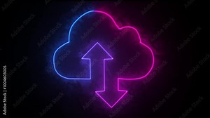 Upload icon symbol, cloud icon and neon line upload arrow icon animation on black background.