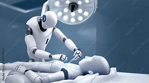 White humanoid robot operating on lying human body highlights robotic surgery advancements in surgical robotics powered by ai healthcare systems