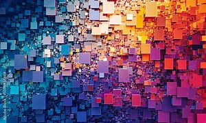 Abstract geometric patterns and vibrant colors creating a digital landscape of interconnecting cubes and rectangles, representing technology and dynamic motion in 3D space