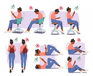 Woman Perform Wrong And Right Body Postures For Reading, Using...