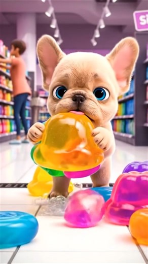 Cute baby French Bulldog with huge blue Assist buying colorful soaps in the supermarket