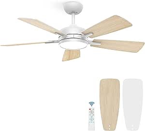 ocioc 46 Inch Ceiling Fan with Light, Large Air Volume Ceiling Fan with Night Light, Ultra Quiet Reversible DC Motor Dimmable with Remote （White）