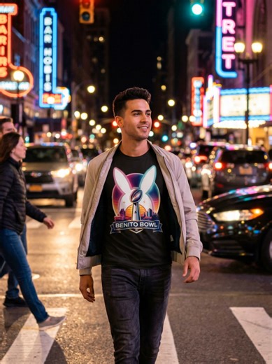 Benito Bowl T-Shirts, Championship Game Tee, Football Trophy, Retro Design, Neon Colors, Cityscape, Unique Gift, Sports Fan Apparel#nfl #badbunny #benitobowl #superbowl