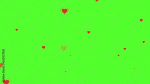 Heart icons are moving up direction, Red hearts motion graphics with green screen background, valentine's day, happiness, pop up, Flying hearts 4K video
