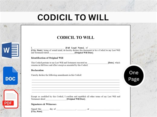 Ill Codicil Form Template | One Page Codicil to Will | Printable PDF & DOC - Etsy Australia