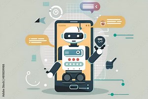 Chatbot on a smartphone screen, AI support message service talks to the user, artificial intelligence virtual assistant marketing automated technology, business cartoon