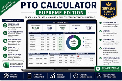 PTO Calculator Excel SUPREME | PTO Tracker Spreadsheet | Vacation & Sick Time Tracker | Employee Time off Dashboard | Instant Download - Etsy