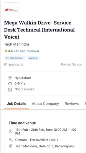 Tech Mahindra conducted a mega walk in drive - Service desk Technical