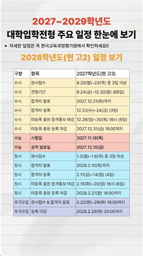 2027~2029학년도 대학 입학 전형 주요 일정 한눈에 보기 📚 #정시 #수시 # 수능 #일정 #수능일정 #수시일정 #정시일정