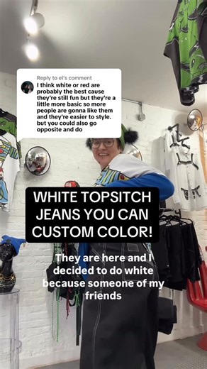 Hester Sunshine on Instagram: "White topstitch jeans are here!!!! Best part is you can color them ANY way you want! Just use a sharpie ans heat set in the dryer or with an iron!!! Added captions cuz u didn’t realize my mouth/face was covered by the comment thru the whole vid"