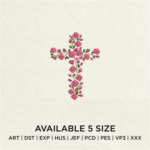 Floral Cross Embroidery Design, Pink Rose Christian Cross, Religious Machine Embroidery File PES DST EXP Instant Download - Etsy