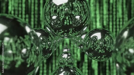 Spherical objects reflecting green binary code, close-up view of futuristic technology and data representation