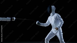 Two Professional Fencers Show Masterful Swordsmanship in their Foil Fight. They Leap and Thrust and Lunge. Shot Isolated on Black Background. Shot on RED EPIC-W 8K Helium Cinema Camera. Stock Video