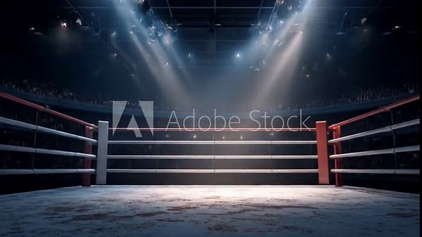 An empty boxing ring under dramatic spotlights amid dark stands and silent arena ambiance. and hush