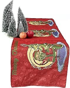 DaDa Bedding Santa Claus Christmas Table Runner - Merry Christmas Red Holiday Décor with Christmas Tree & Lights - Woven Linen Tapestry for Dining Room - 13" x 67"