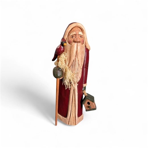 Hand Carved Wood Primitive Santa With Cardinal Staff- Artist Signed Folk Art - Rustic Father Christmas Figure - Etsy