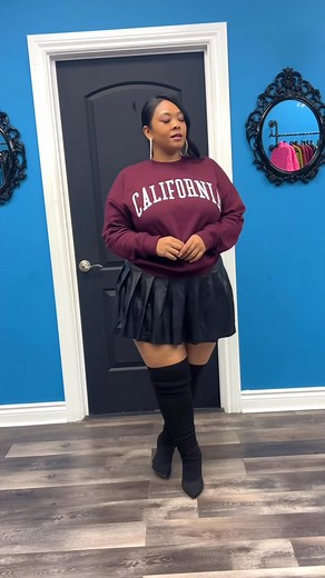 🖤♥️ NEW ARRIVALS… GET THE LOOK NOW 🛒 “Cali” Sweatshirt “Faux Leather” Skater Skirt “Glitz Hoops www.culturescloset.com @iamsheenashardae is wearing 1X #culturescloset #curveculture #plussizeboutiques #plussizeskirt #plussizeshopping #chicago #skaterskirt #chicagoboutique #plussizes #sweatshirtseason | Cultures Closet Beverly