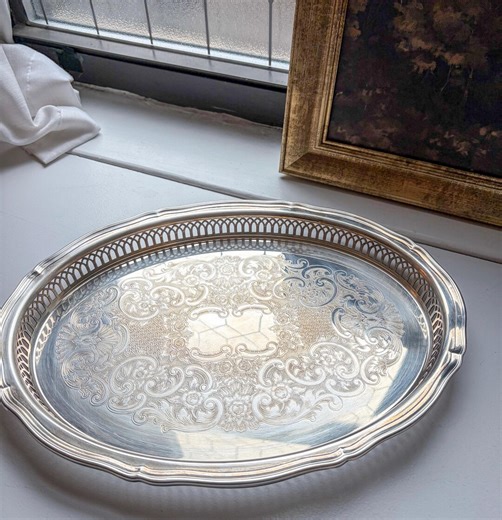 Vintage Oneida Silver Plated Oval Tray With Pierced Gallery Rim | Ornate Etched - Etsy