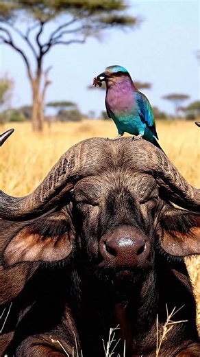 Strange Bird Helps Buffalo in the African Savanna 🐃🐦