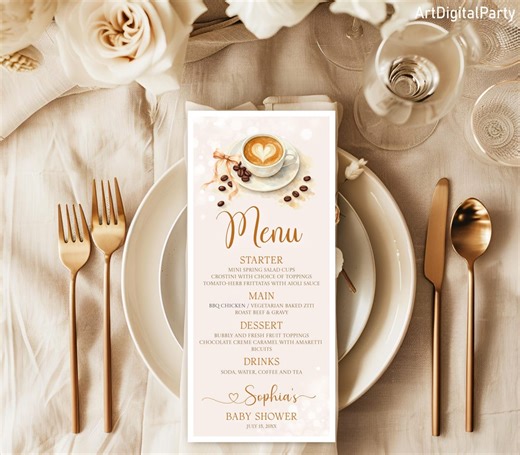Editable Boho Baby is Brewing Menu Cards Baby Shower Party Brunch, Dinner Coffee Menu Elegant Coffee Cup Bow Ribbon Coffee Theme Latte Heart - Etsy UK