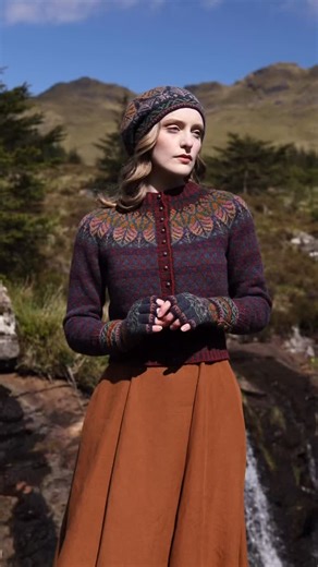 Virtual Yarns: Alice Starmore Yarns & Designs on Instagram: "The Greeta Cardigan and Hat Set out in the Scottish hills, modelled by @rebecca_wyman with a dress from @sondeflor and buttons from @buttonboxleics"
