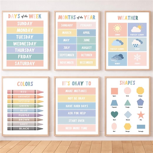 6 Educational Posters | Boho Classroom Decor | Calm Pastel Learning Charts | Elementary Wall Art Bundle | Printable Set - Etsy