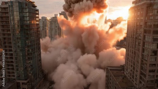 Massive explosion in the city center with high-rise buildings around, huge cloud of smoke and fire rising above streets, dramatic urban disaster scene with shockwave impact