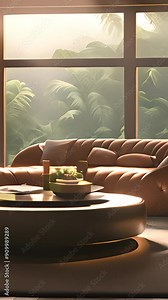 stream overlay animation backgrounds, live wallpapers, seamless loop. Cozy luxury living room round window with jungle rain view. vtuber streamer gaming asset, zoom screen. Chill hip hop study video
