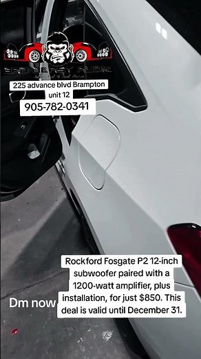 Rockford Fosgate P2 12-inch subwoofer paired with a 1200-watt amplifier, plus installation