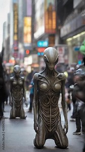 Aliens kneeling in a city street. Extraterrestrial beings in an urban environment. Concept of alien visitation, extraterrestrial presence, science fiction, urban setting. Vertical