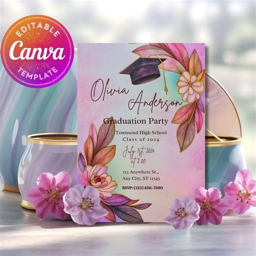 Graduation Invitation Template Editable Canva, Stained Glass Floral Invite, Pastel Graduation Party Invite, Class of 2024, Instant Download - Etsy