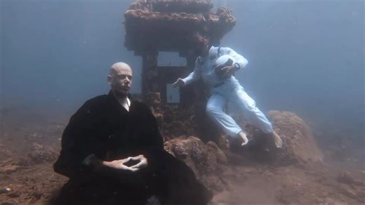 Monk Holds Breath and Poses Next to Underwater Temple