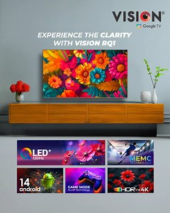 Forget the blurry past. Experience crystal-clear brilliance with Vision RQ1 Galaxy Pro – QLED 120Hz 4K TV. Price: 51,900 TK. #Vision #VisionElectronics #QLEDPlus #120Hz #4K | Vision Electronics