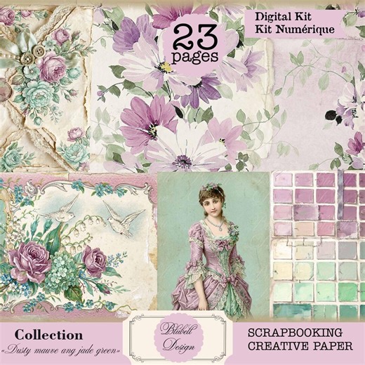 "Dusty mauve and jade green" digital paper scrapbooking junk journal