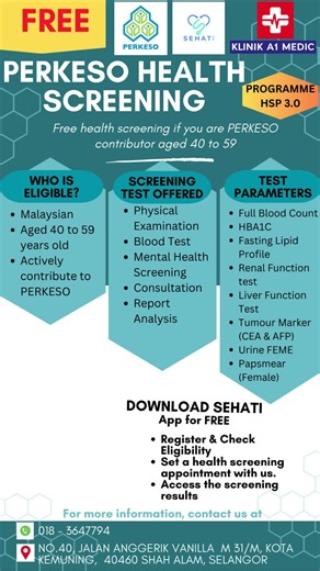 The Perkeso (SOCSO) Health Screening Program is a free health screening for SOCSO’s insured persons to identify groups at risk of non-communicable diseases (NCDs). Check your eligibility and schedule your appointment via the SEHATi mobile application. For more enquiries, please call us at 6018-3647794. #klinika1medic #klinikpromo