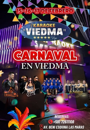 🎤🎭 15 · 16 · 17 DE FEBRERO 2026 – CARNAVAL EN KARAOKE VIEDMA 🎭🎤 Este Carnaval arma el plan con amigos y vive tres noches de música, baile y pura fiesta en Karaoke Viedma 🥳🔥 Que tu before o tu after se viva aquí… ¡el Carnaval se celebra cantando! 🎶 ORQUESTAS EN VIVO • 🎺 LA NARANJA MECÁNICA • 🥁 BANDA MALUT • 🎤 LA SÚPER ORQUESTA • 🥁 ORQUESTA LA FABULOSA 🎧 DJ en vivo 💡 Iluminación profesional 🎤 Salones privados de karaoke 🎉 Paquete especial de cumpleaños · Celebración exclusiva (Ideal