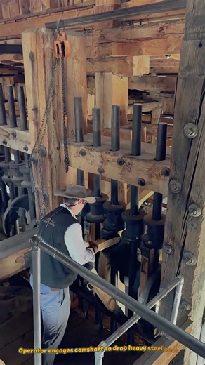 Historic Gravity Stamp Mill Operating Heavy Ore Crushing Shafts