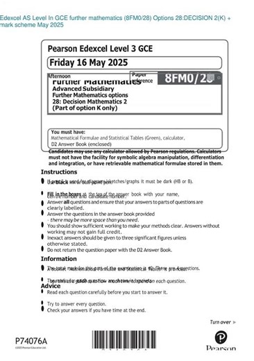 EDEXCEL As Level Further MathemATIcs 8fm0 28 Decision 2025