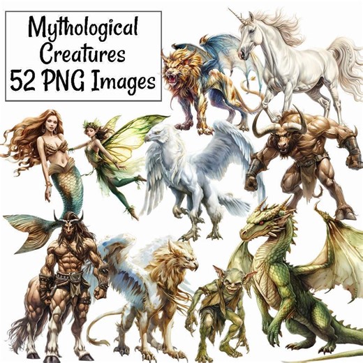 Mythological Creatures Clipart Watercolor RPG Digital Downloads, Fantasy Folklore Greek Mythology Supernatural Fairy Tale Legendary