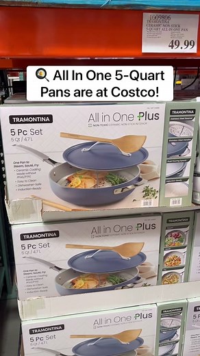 🍳 All In One 5-Quart Pans are at Costco! This includes the beachwood utensils, aluminum lid, steamer insert, and the non-stick pan! It comes in two neutral colors, is dishwasher safe and oven safe up to 400°F! It’s $49.99! #costco #cookingutensils #cooking