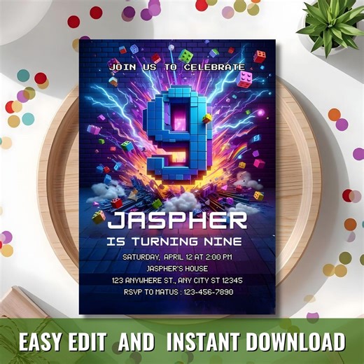 Gaming 9th Birthday Invitation, Pixel Theme, Canva Template (digital Download) - Etsy