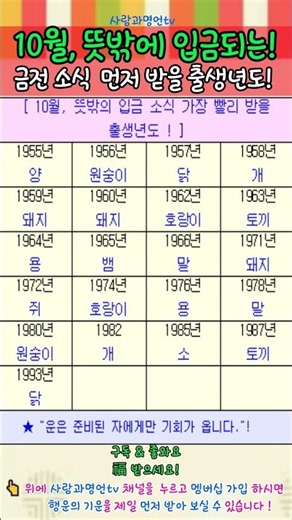 10월, 생각지도 못한 목돈 들어오는 출생년도 ! #10월운세 #재물운 #금전운 #띠별운세 #출생년도운세 #10월재물운 #대박운세 #통장잔고 #October wealth luck