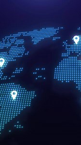 Animated digital world map with location pins dropping on different continents. Vertical format for mobile, UI, infographics, social media, global delivery, travel or GPS concept.