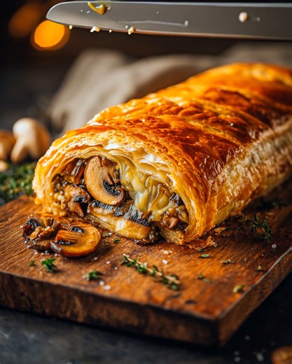 🌿 Mushroom, Gruyère & Caramelized Onion Wellington 🥐✨ Full recipe’s hiding in the (𝐂.𝐌.𝐍.𝐓) 👇 A show-stopping vegetarian centerpiece — rich, flaky, and utterly luxurious. | Timeless Recipes