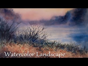 Watercolor landscape｜Lake scenery in the morning
